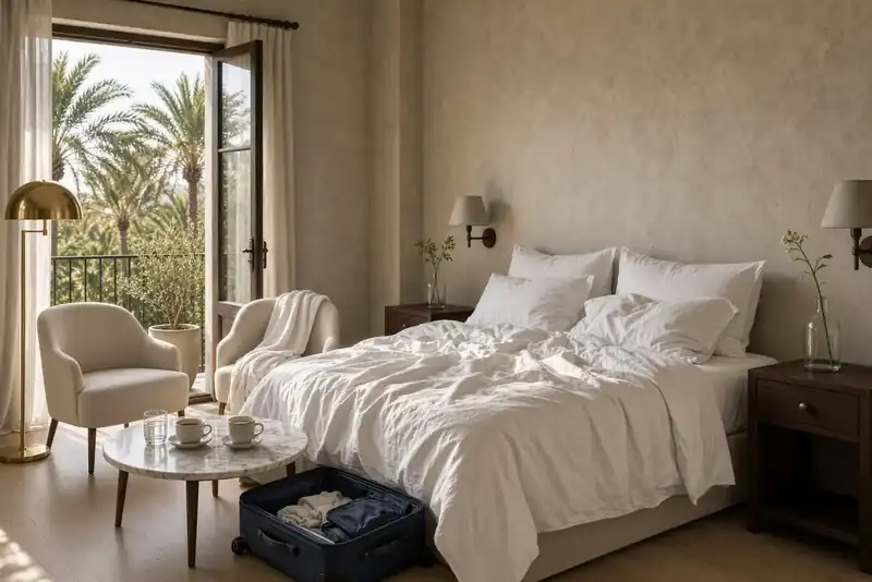 A short-term rental bedroom reset, common on the Studio City flats