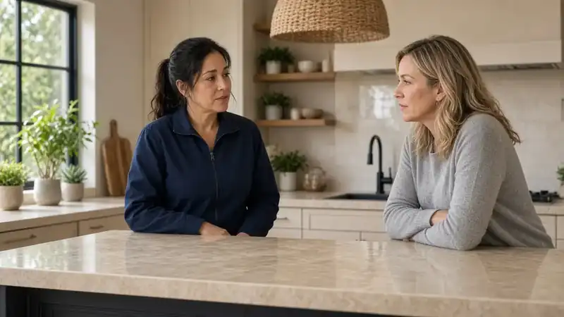 A cleaning coordinator walking a Sherman Oaks kitchen with a homeowner before quoting