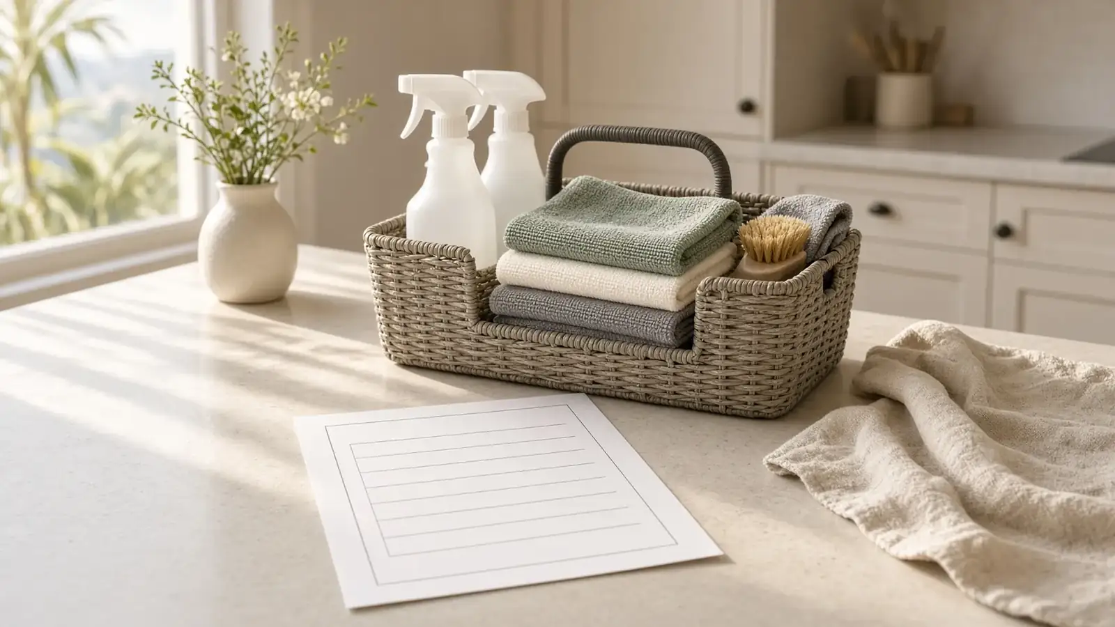 Professional cleaning caddy and a weekly checklist on a sunlit Los Angeles kitchen counter