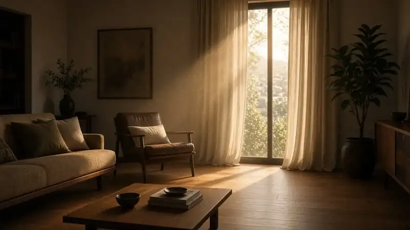 Sunbeam through a Los Angeles living room making dust motes visible in the air