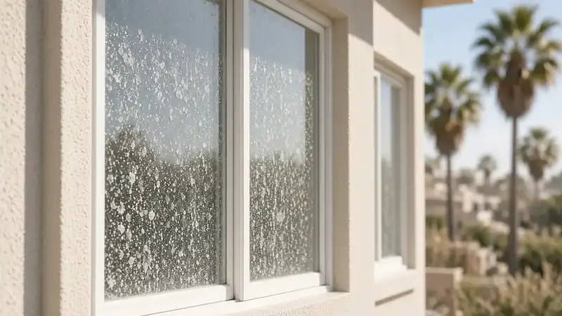 Los Angeles home windows spotted with white hard-water mineral residue from sprinklers