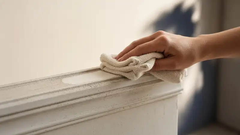 A microfiber cloth cutting a clean streak through dust on a door frame in a Los Angeles home