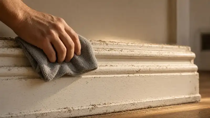 A damp cloth wiping dust from a wooden baseboard — one of the spots weekly cleaning usually skips