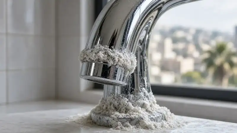 Chrome faucet crusted with white hard-water mineral deposits from Los Angeles tap water