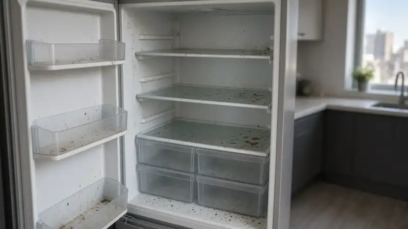 Empty refrigerator interior after move-out — crumbs and sticky shelves the furniture used to hide