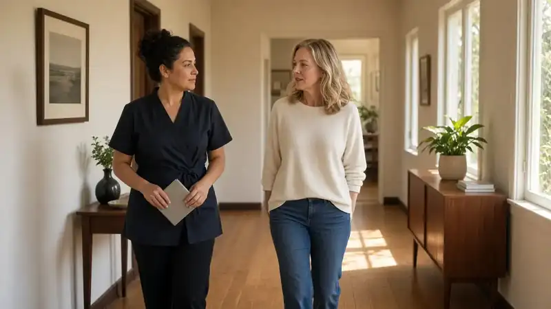 A cleaner walking a Sherman Oaks hallway with the homeowner before quoting the actual work