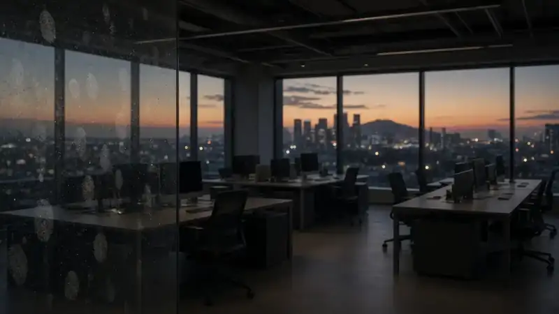 Los Angeles office at dusk — empty desks and fingerprints on the glass partition