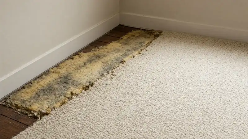 Carpet corner pulled back to show stained padding underneath — where odor actually lives