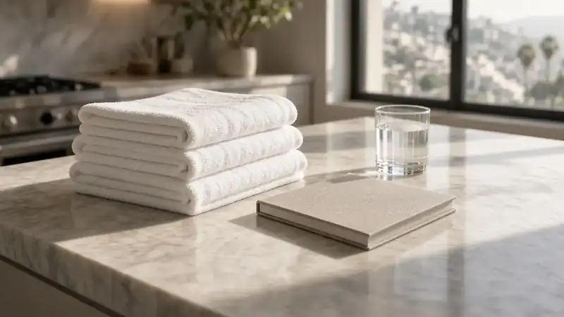 Folded towels and a closed planner on a sunlit Los Angeles kitchen island