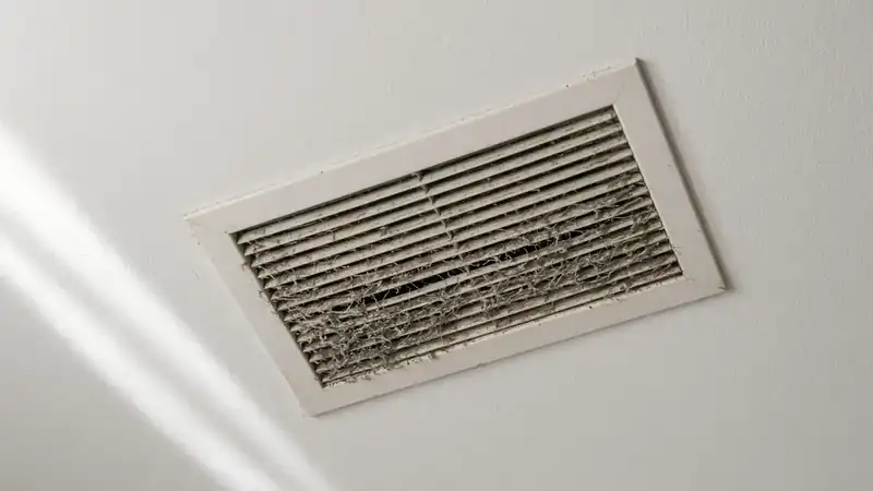 Dust packed into a ceiling HVAC return vent — a hidden source that keeps feeding the room