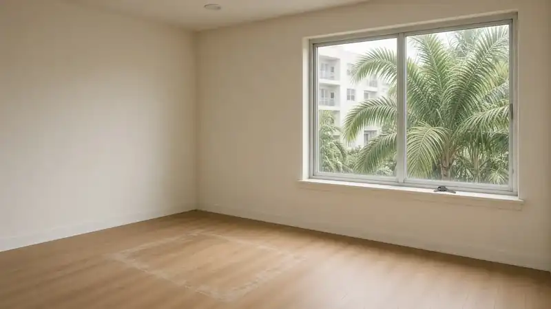 Empty Los Angeles apartment after move-out, keys on the windowsill, dust outlines on the floor