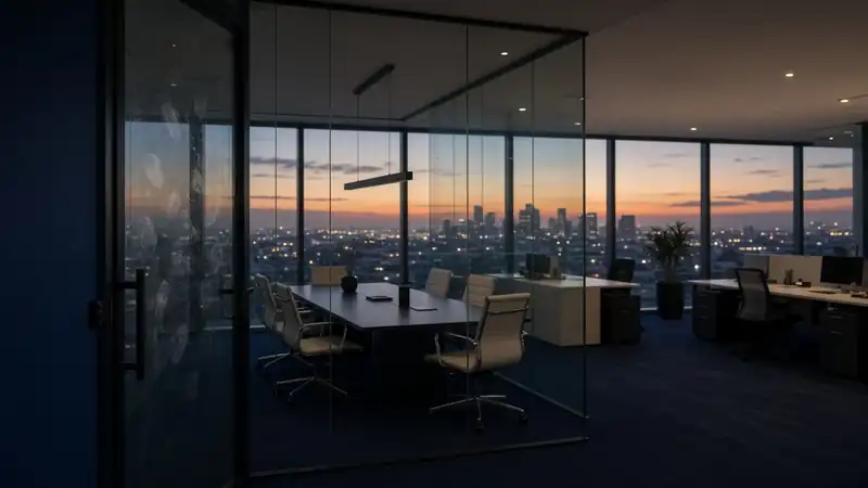 A Los Angeles office at dusk with fingerprints on the glass entry door