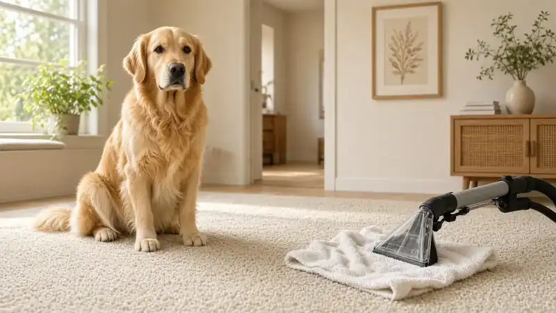 Golden retriever on a cream living-room carpet with a professional extractor nearby