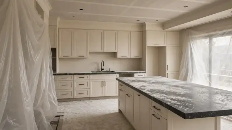 Newly remodeled Los Angeles kitchen still filmed with fine drywall dust