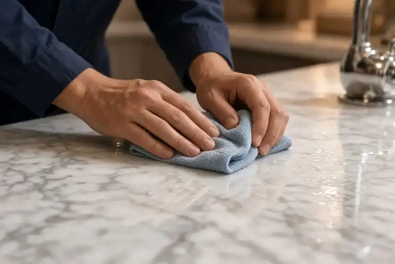 Crew detailing marble in a Los Angeles home